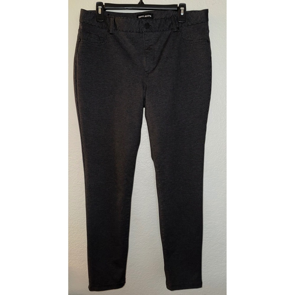 DKNY Jeans Womens Black Grey Micro Check Slim Leg Stretch Pants Size Large